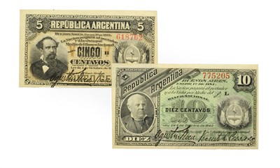 Lot 4255 - Argentina, 2 x Uncirculated 1884 Bank Notes consisting of: 1884 10 Centavos, Serial number: 775205.