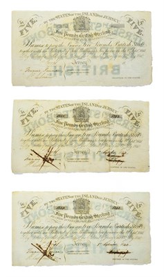 Lot 4263 - Jersey, 3 x 1840 Five Pounds Interest Bearing Notes, serial numbers: 1282, 1283 and an unissued...