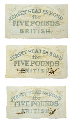 Lot 4263 - Jersey, 3 x 1840 Five Pounds Interest Bearing Notes, serial numbers: 1282, 1283 and an unissued...