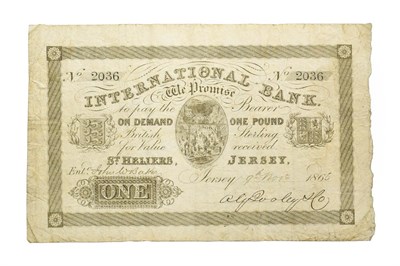 Lot 4264 - Jersey, International Bank 1865 One Pound, serial number: 2036, dated 9th November 1865. Obv:...