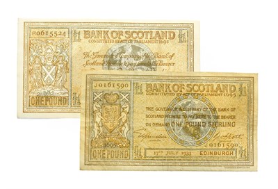 Lot 4269 - Scotland, 2 x  Bank of Scotland   1933 one pound. 17/07/1933 J0161590. P. 86. Very Fine.  1939...
