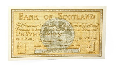Lot 4270 - Scotland, Bank of Scotland 1945 One Pound, Lord Elphinstone & J. B. Crawford signatures, Serial...