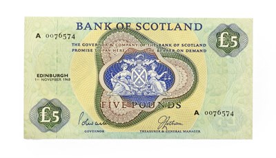 Lot 4274 - Scotland, Bank of Scotland 1968 Five Pounds, Lord Polwarth and J. Letham signatures, serial number