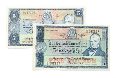 Lot 4282 - Scotland, 2 x Uncirculated British Linen Bank Five Pounds.   16/06/1964 G/12 682257 P. 167b....