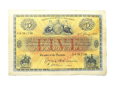 Lot 4313 - Scotland, 1938 Union Bank of Scotland Five Pounds. Serial number: D56/138, dated 31st May 1938....