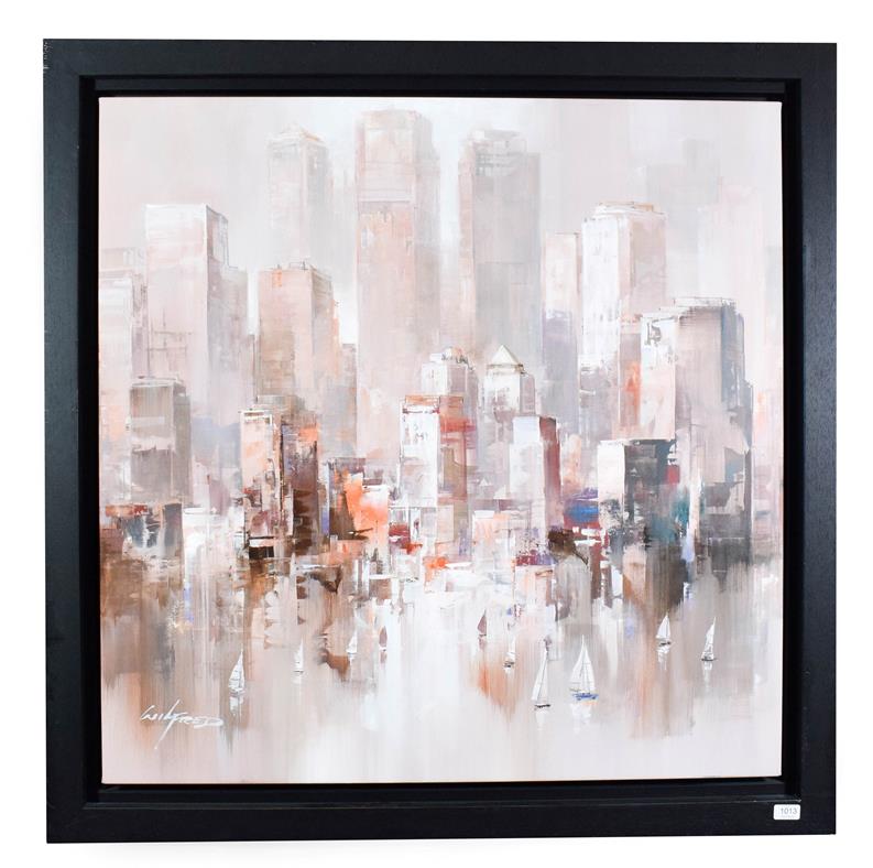 Lot 1013 - Wilfred (Contemporary) ''Reflection in the Harbour V'' Signed, oil on canvas, 96.5cm by 96.5cm...