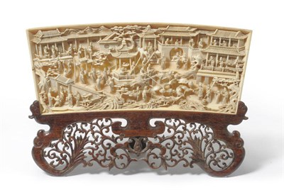 Lot 255 - A Chinese Flat-Relief Carved Ivory Plaque, 19th century, of slightly rounded rectangular shape,...