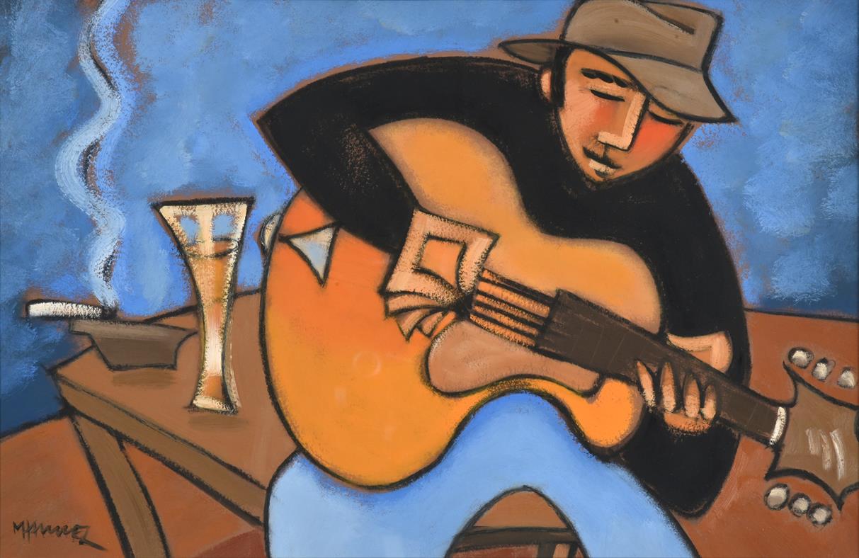 Lot 1035 - Marsha Hammel (b.1949) American ''Writing the Song''  Signed, oil on gesso, 38cm by 58.5cm     Sold