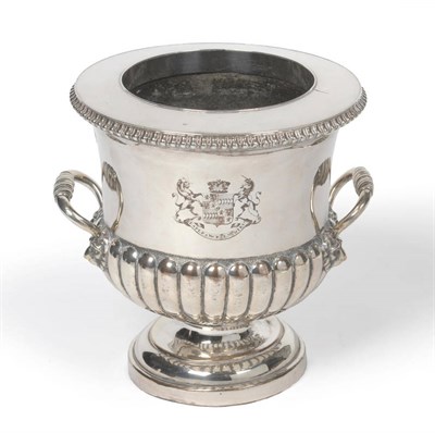 Lot 257 - A George III Sheffield Plate Wine Cooler, circa 1815, of part lobed campana form with twin lion...