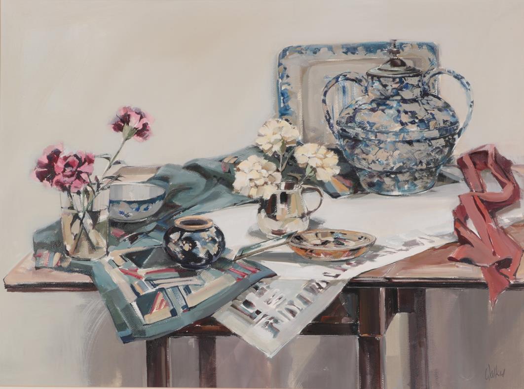 Lot 1047 - Ethel Walker (Contemporary) Scottish ''Table with cerise carnations'', 1992 Signed,...