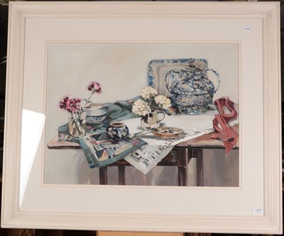 Lot 1047 - Ethel Walker (Contemporary) Scottish ''Table with cerise carnations'', 1992 Signed,...