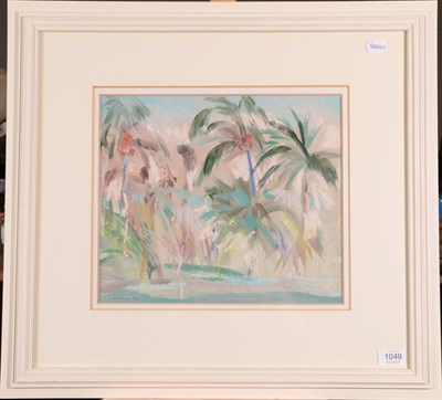 Lot 1049 - Irene Lesley Main (b.1959) Scottish ''Palm Trees, West Gulf Beach'' Signed and dated 1987,...