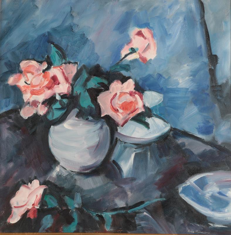 Lot 1053 - Anne Mendelow (b.1945) Still life of pink roses in a blue vase Signed, oil on canvas, 48cm by 48cm