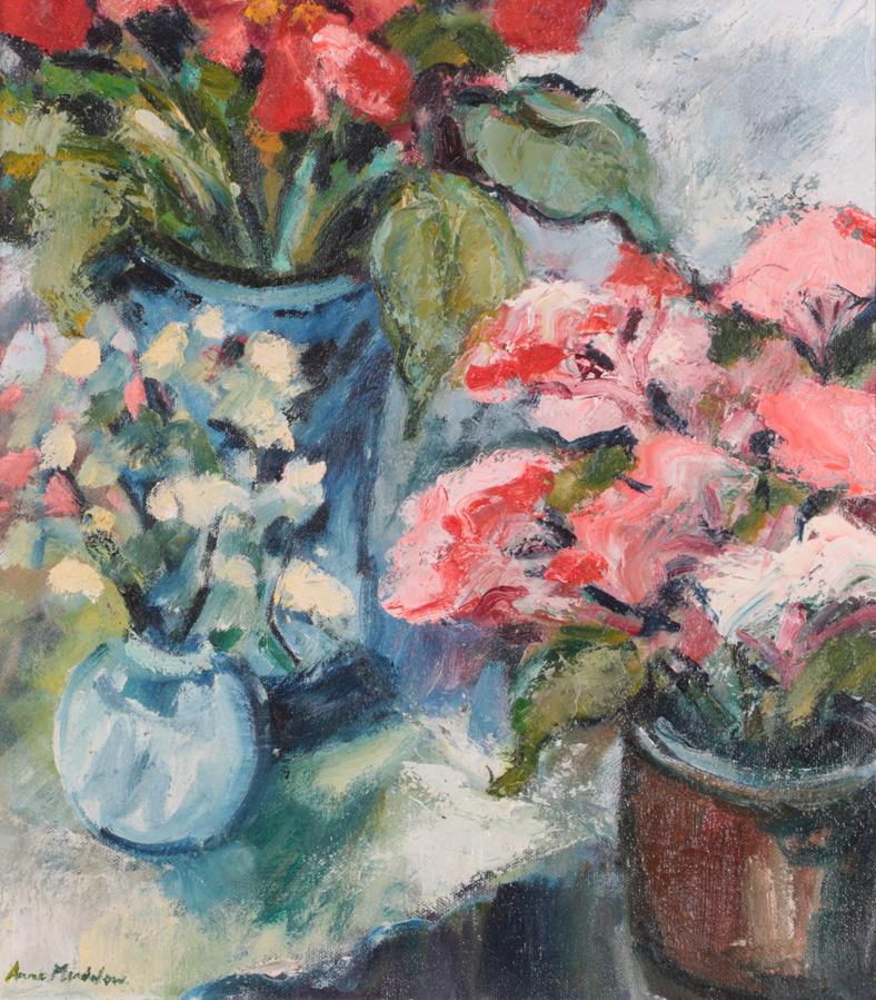 Lot 1054 - Anne Mendelow (b.1945) Study of red and white flowers in pots Signed, oil on canvas, 36.5cm by 32cm