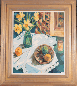Lot 1055 - Anne Mendelow (b.1945) Still life of daffodils in a green vase and fruit on a white tablecloth...