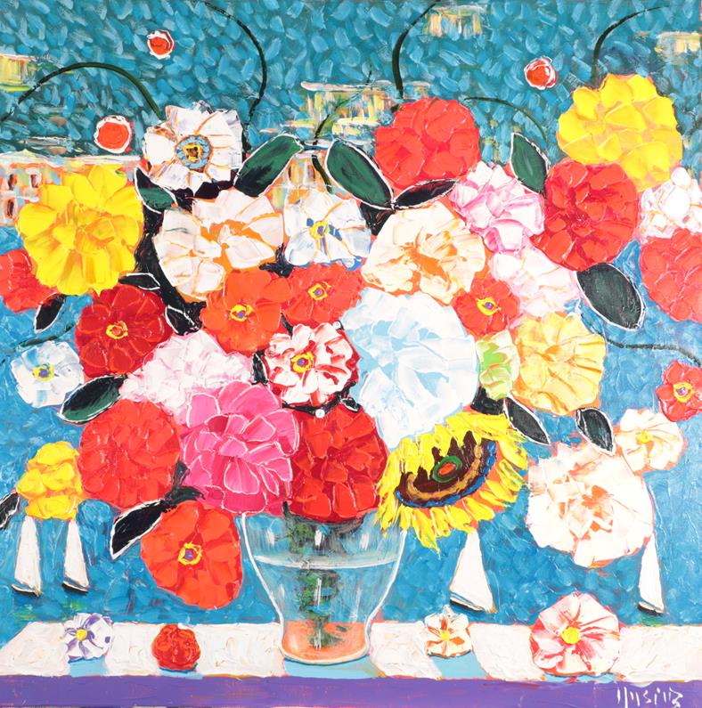 Lot 1068 - Roberto Masia (b.1958) Italian ''Flowers in Portofino'' Signed, inscribed verso, oil on canvas,...
