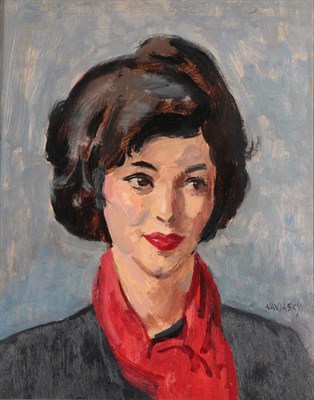 Lot 1070 - Philip Naviasky (1894-1983) Woman with a red scarf (Dr Feldman) Signed, oil on board, 49cm by 39cm