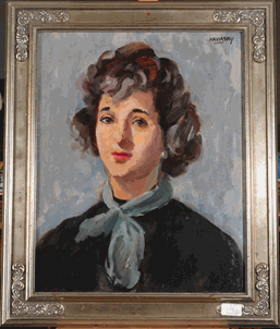 Lot 1072 - Philip Naviasky (1894-1983) Head and shoulders portrait of a lady wearing a blue neck scarf Signed
