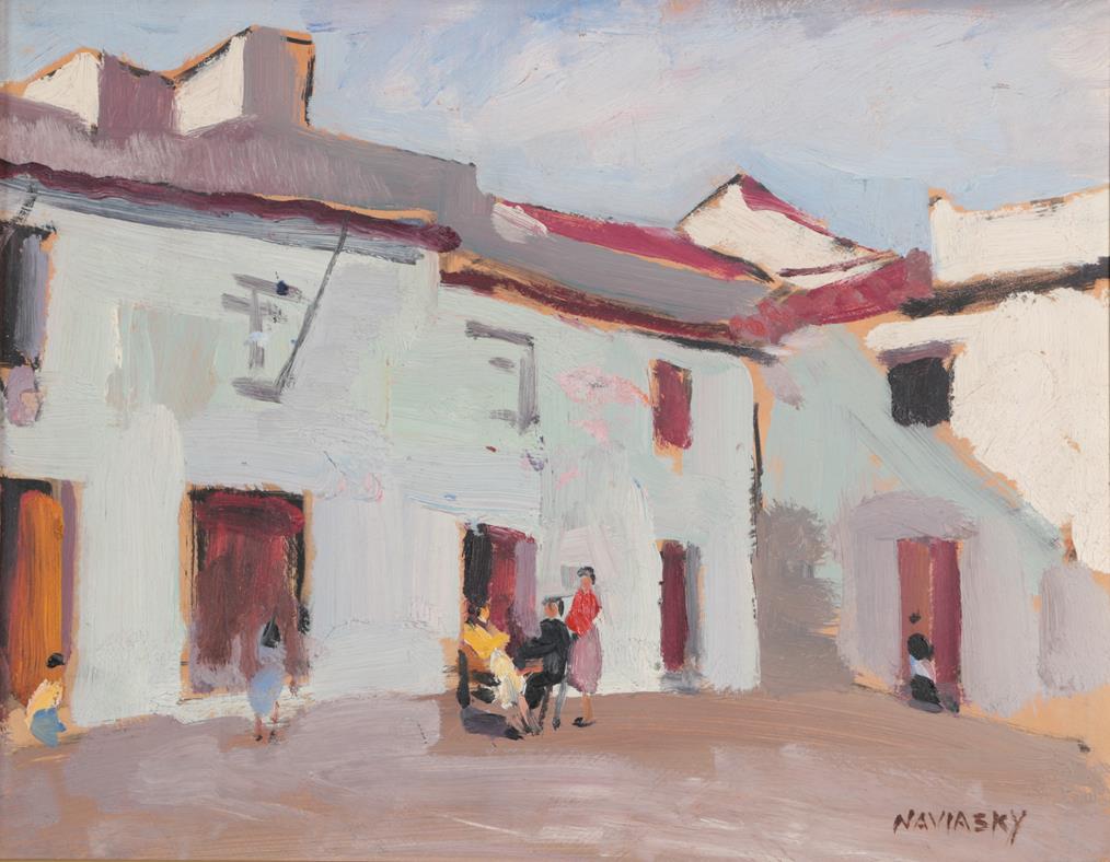 Lot 1076 - Philip Naviasky (1894-1983) Figures before houses Signed, oil on board, 26.5cm by 34cm...