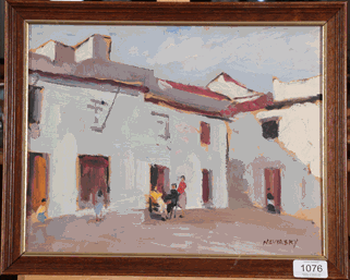 Lot 1076 - Philip Naviasky (1894-1983) Figures before houses Signed, oil on board, 26.5cm by 34cm...