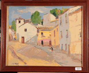 Lot 1077 - Philip Naviasky (1894-1983) Two figures on a continental street Signed, oil on canvas, 38cm by 48cm