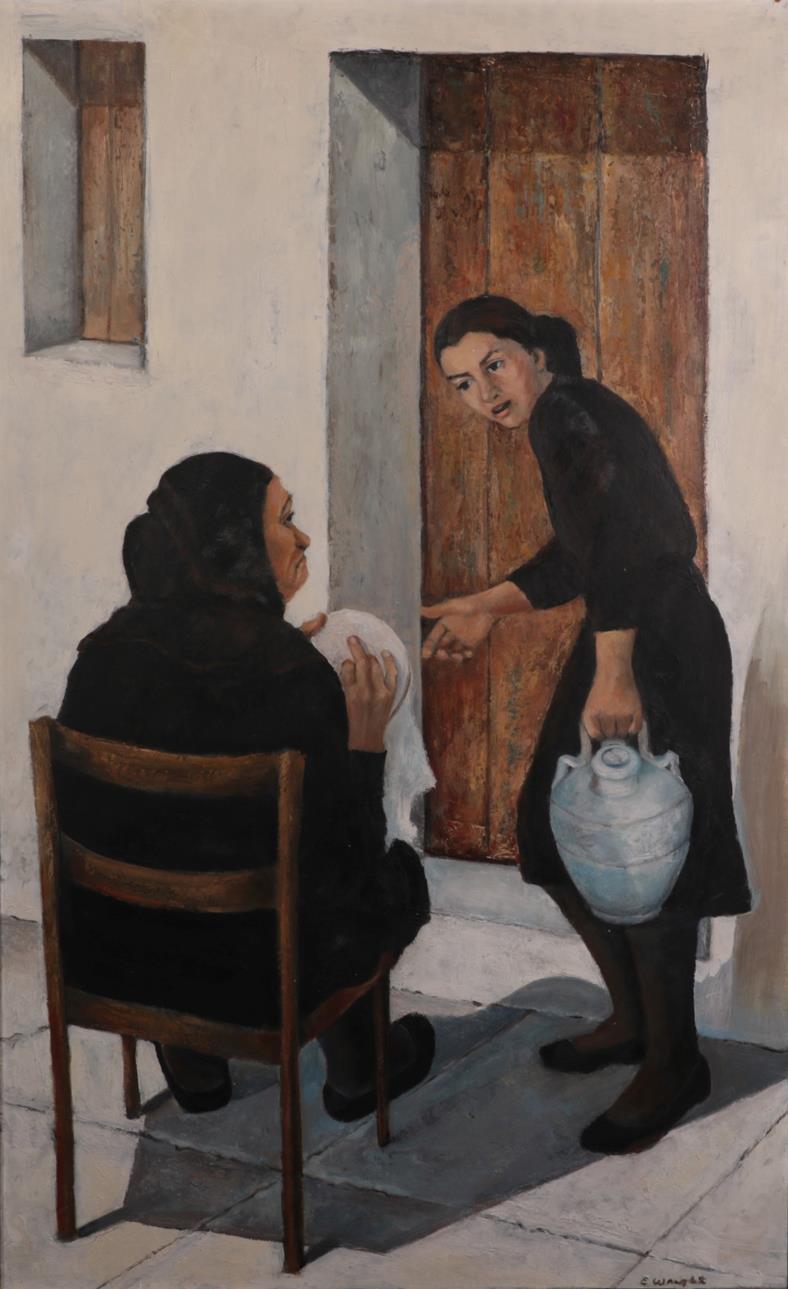 Lot 1079 - Elizabeth Wright (1928-2015) Two Spanish ladies going about their daily work Signed, oil on...