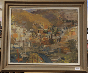 Lot 1089 - Oliver Campion (1928-2000) Continental Townscape Initailled, oil on canvas, 44cm by 54.5cm...