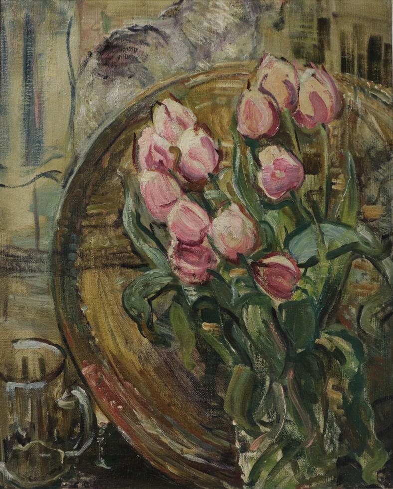 Lot 1090 - * O (20th century) ''Tulips'' Indistinctly signed, fragments of old label verso, oil on canvas,...