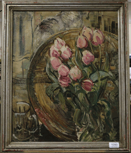 Lot 1090 - * O (20th century) ''Tulips'' Indistinctly signed, fragments of old label verso, oil on canvas,...