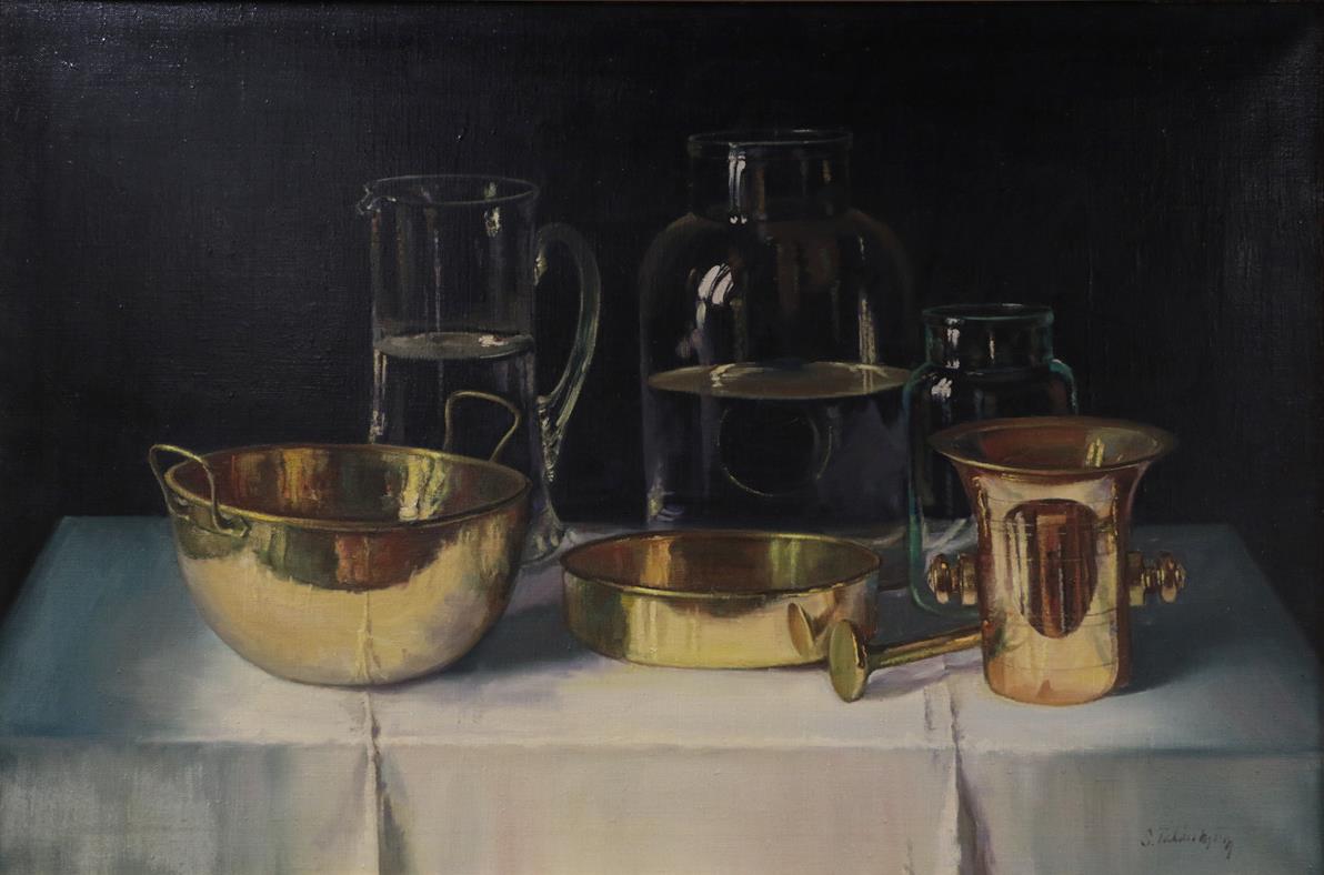 Lot 1091 - *S T (20th/21st century) Still life of assorted vessels and brassware Indistinctly signed, oil...