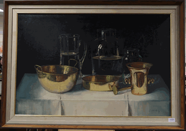 Lot 1091 - *S T (20th/21st century) Still life of assorted vessels and brassware Indistinctly signed, oil...