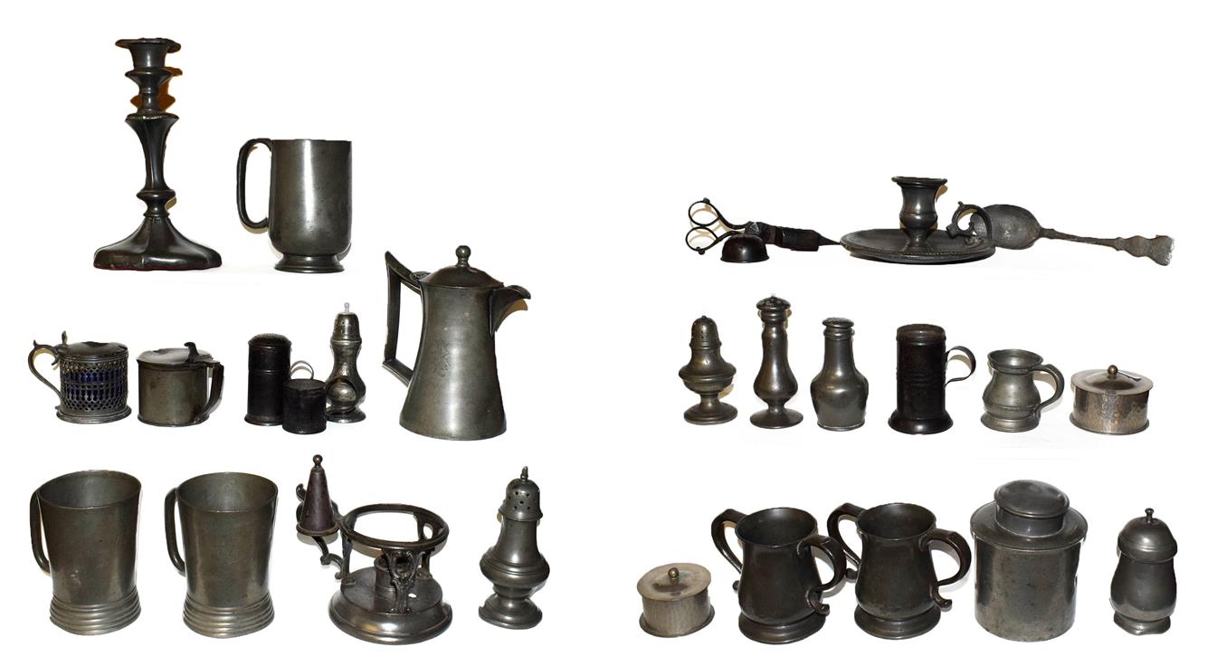 Lot 3 - Quantity of assorted mainly 19th century pewter comprising a plates, tankards, pepperettes, chamber