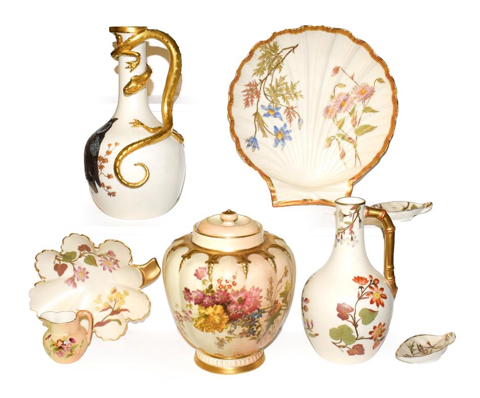 Lot 4 - A collection of Royal Worcester blush ware, including a lizard handled ewer painted with an...