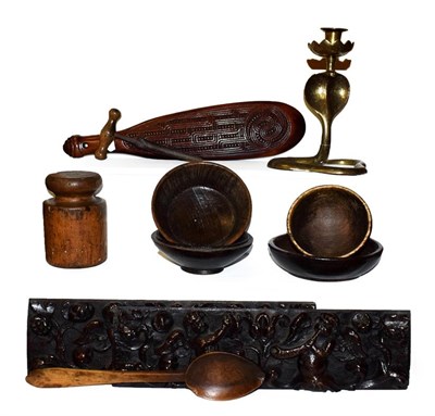 Lot 7 - Assorted wooden items including a pair of period oak frieze carvings decorated with putti,...
