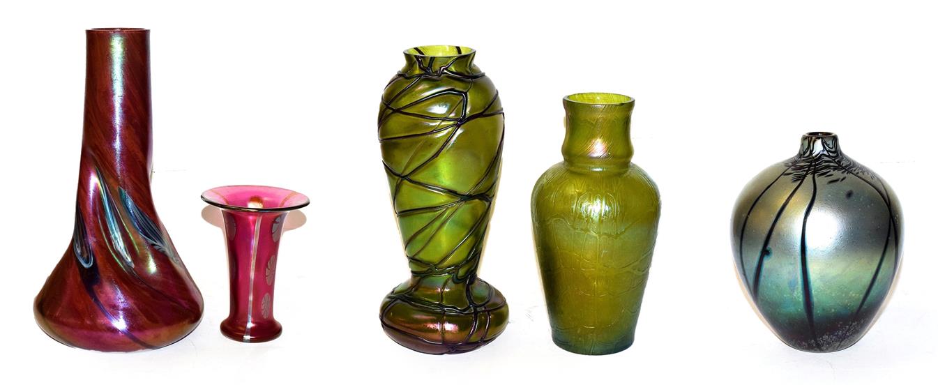 Lot 8 - Two Art Nouveau Austrian iridescent glass vases, 21.5cm and 25cm (chips to rims) and three...