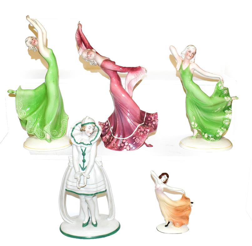 Lot 19 - Four Art Deco Katzhutte (Thuringia) figures, modelled as female dancers, tallest 27cm and a...