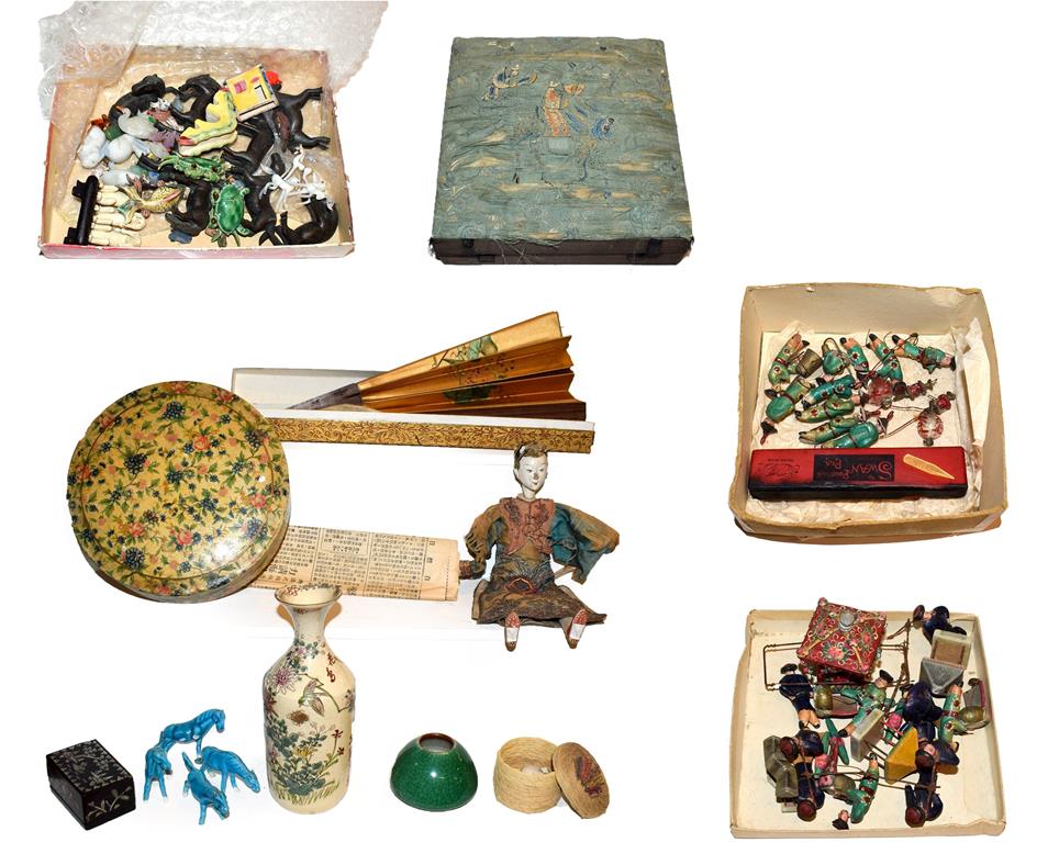 Lot 22 - A quantity of assorted Chinese miniature pottery figures, some carrying lanterns, others...