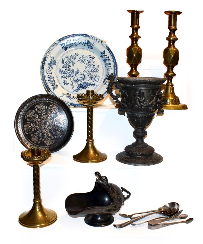 Lot 28 - A tray of 19th century metalwares, including a Niello plate, two pairs of brass candlesticks...