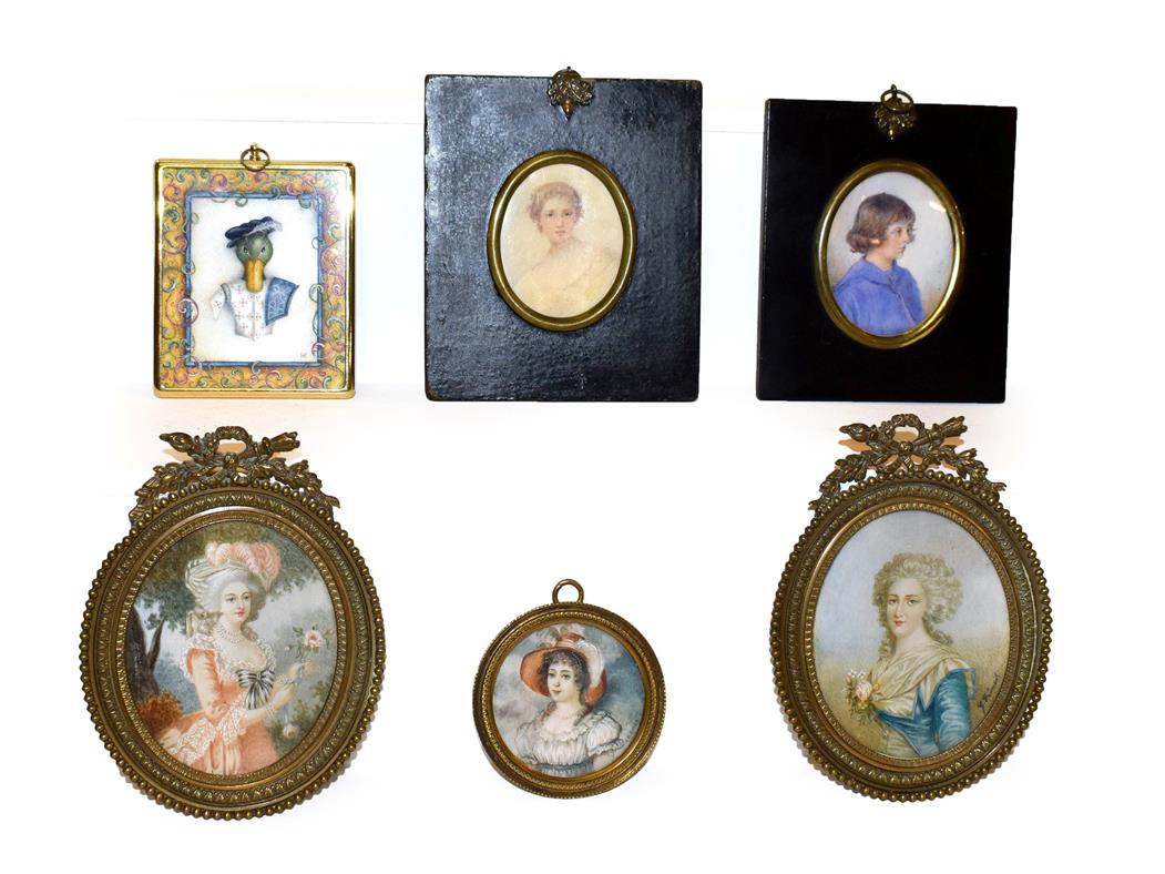 Lot 37 - Christopher Hope King (b. 1951) framed portrait miniature the Earl of Dorset, a pair of...
