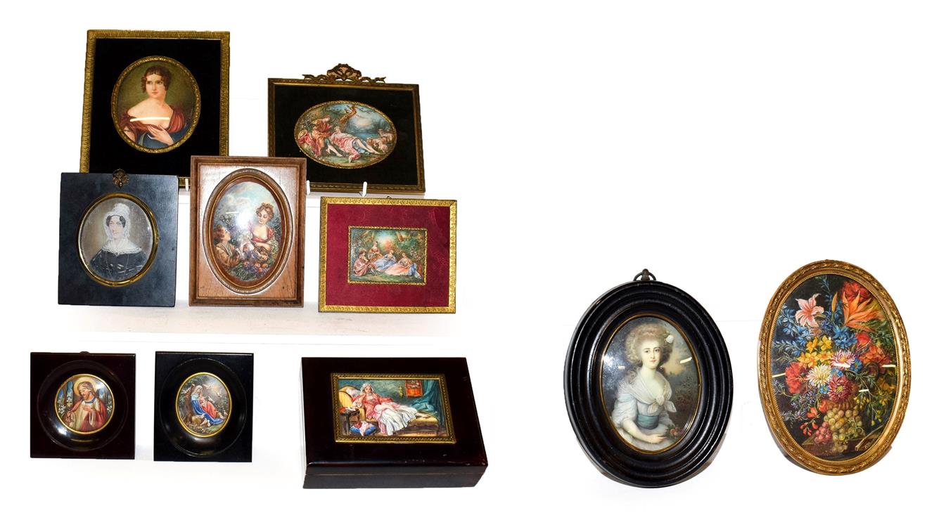 Lot 39 - A collection of portraits and other miniatures including a pair of religious, Gainsborough...