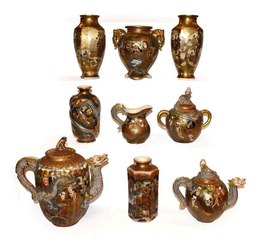 Lot 43 - A quantity of Japanese Meiji period Satsuma pottery, to include an assembled four piece tea service