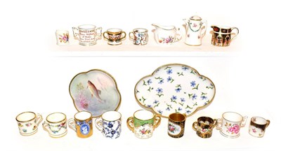 Lot 44 - A tray of miniature porcelain tankards and dolls house miniatures, including Royal Crown Derby,...