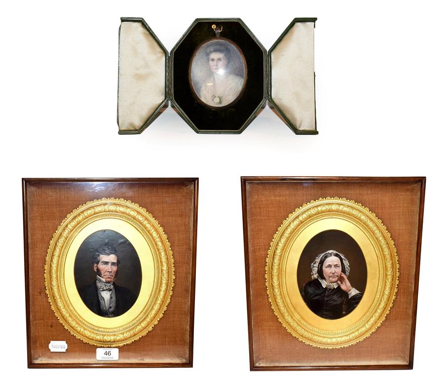 Lot 46 - An oval portrait miniature of a lady in fitted leather easel case circa 1920, together with a...