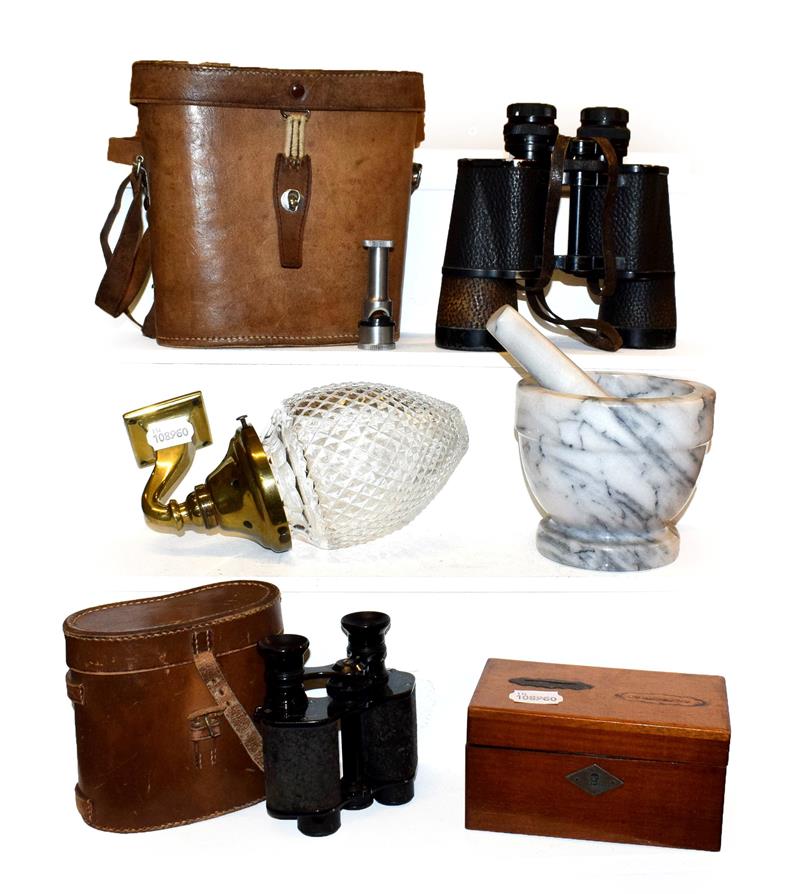 Lot 48 - Two pairs of leather cased binoculars including Carl Zeiss Jena 7x50,  brass wall sconce with...