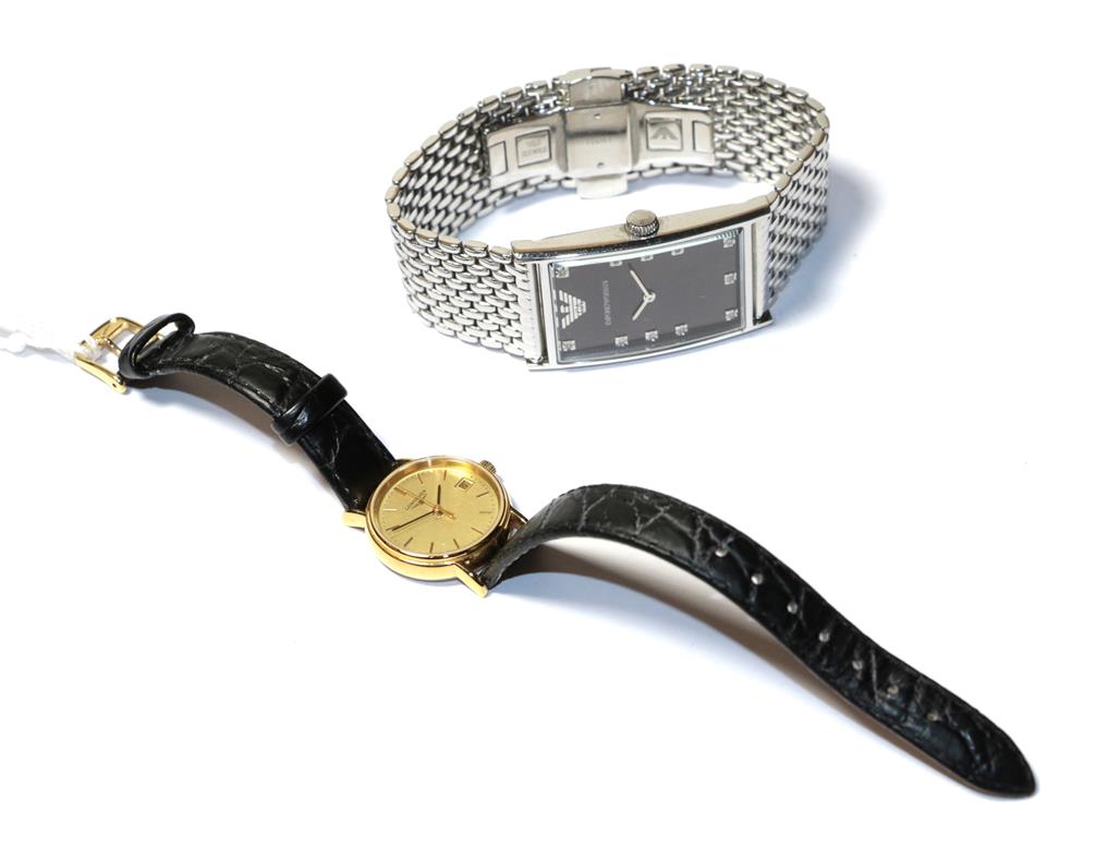 Lot 80 - A Emporio Armani gents rectangular wristwatch and a lady's gold plated Longines wristwatch (2)