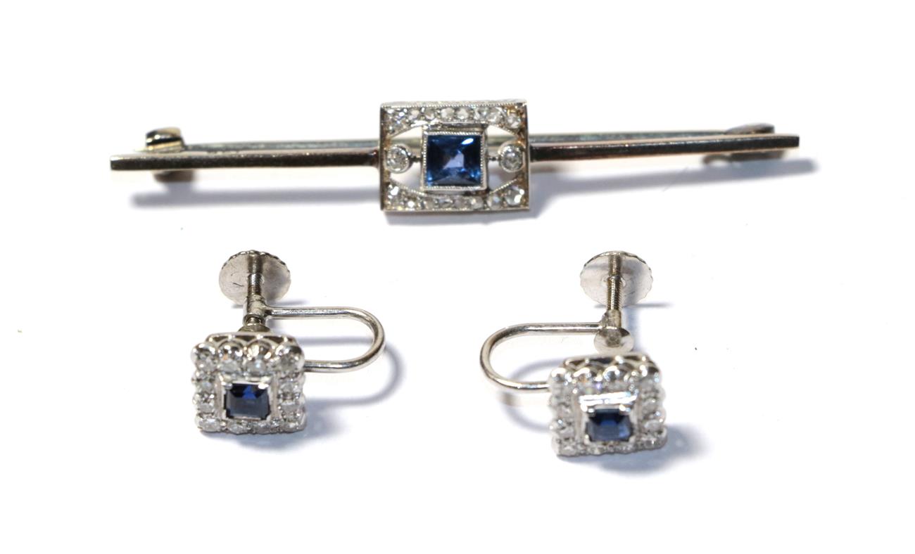 Lot 82 - A sapphire and diamond bar brooch, stamped '9CT', length 5.2cm and a pair of sapphire and...