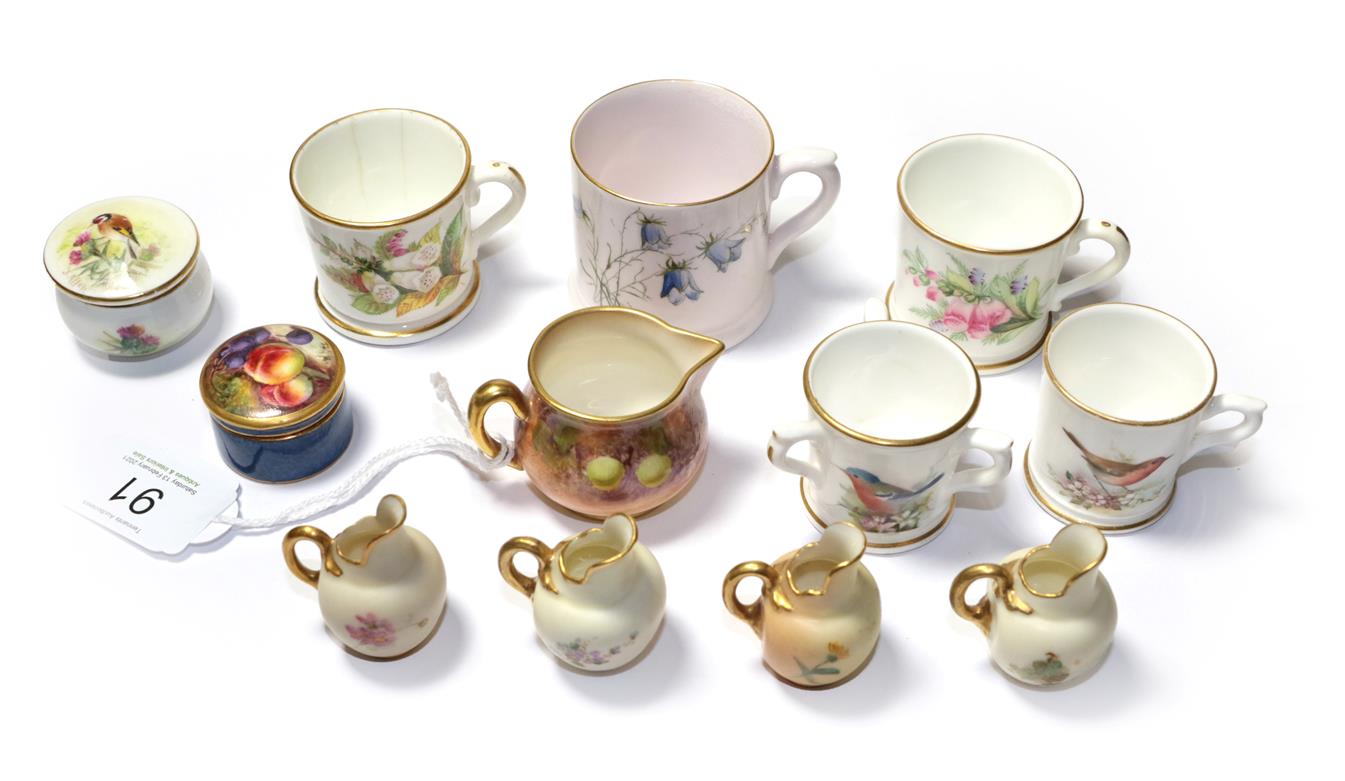 Lot 91 - A collection of Royal Worcester miniatures, to include a fruit painted jug and lidded pot, four...
