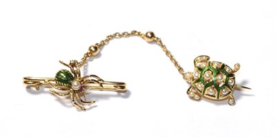 Lot 102 - An enamel, ruby and split pearl tortoise and spider scatter brooch
