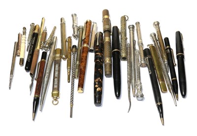 Lot 107 - A collection of assorted silver, white metal and plated pens, pencils and other items, together...