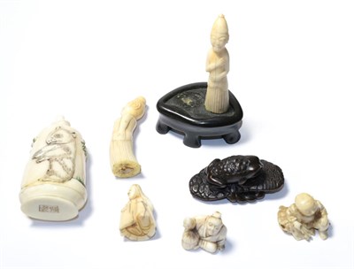 Lot 111 - Two Japanese Meiji period carved ivory netsukes, a similar small carving, a modern bone scent...